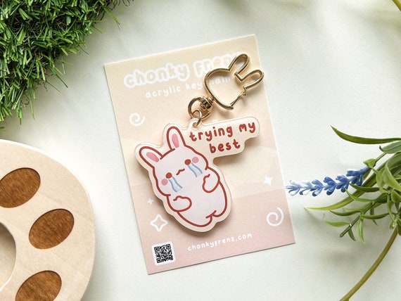 Trying My Best Keychain, Bunny Keychain, Rabbit Keychain, Acrylic Epoxy Keychain, Cute Bag Charm, Kawaii Acrylic Charms, Crying Bunny Meme