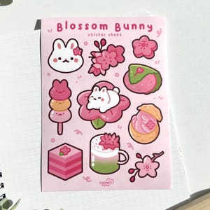 Feuille d'autocollants lapin en fleurs, Stickers fleurs de cerisier, feuille d'autocollants Sakura, Stickers lapin, Stickers snacks japonais, Stickers agenda mignon