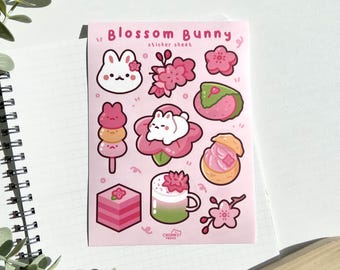 Bunny Cherry Blossom Vinyl Sticker Sheet, Japanese Sakura Stationery for Planners & Bullet Journals, Cute Rabbit Gifts