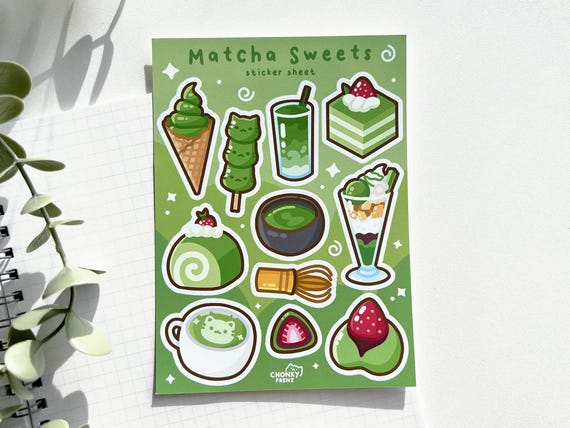 Matcha Sweets Sticker Sheet, Matcha Stickers, Matcha Sticker Sheet, Cat Stickers, Journal Stickers, Cute Sticker Sheets, Japanese Desserts