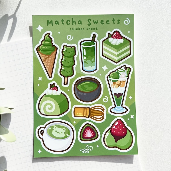 Matcha Sweets Aufkleberbogen, Matcha Aufkleber, Katzen Aufkleber, Niedliche Aufkleberbögen, Japanische Desserts