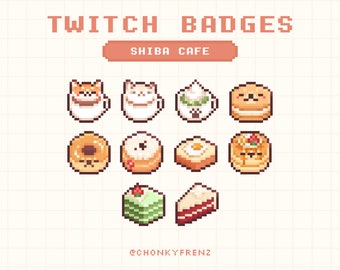 May include: A set of 10 pixel art Twitch badges featuring Shiba Inu dogs and various cafe treats, including donuts, cakes, and coffee. The text "SHIBA CAFE" is displayed above the badges.