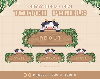 Painéis Twitch de madeira Cottagecore, painéis Twitch de vaca, tema Twitch de fazenda, painéis Twitch de pixel, painéis de fluxo Kawaii, painéis Twitch fofos, folhagem