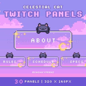 天空の猫パネル、紫の空のTwitchパネル、黒猫、ピクセルTwitchパネル、かわいいストリームパネル、かわいいTwitchパネル、月と星