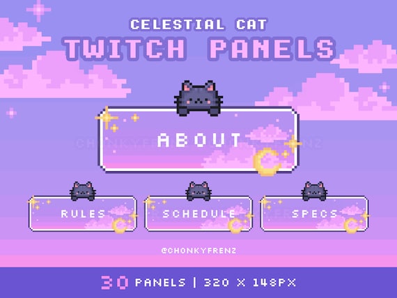 Celestial Cat Panels, Purple Sky Twitch Panels, Black Cat, Pixel Twitch Panels, Kawaii Stream Panels, Cute Twitch Panels, Moon & Stars