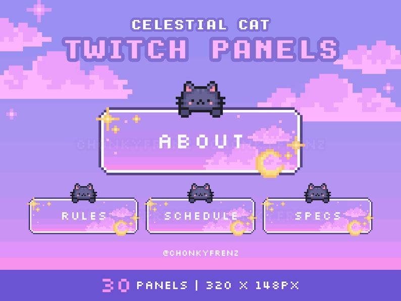 Pode incluir: Um conjunto de 30 pain&eacute;is Twitch com um tema celestial e um gato pixelado. Os pain&eacute;is est&atilde;o em um esquema de cores roxo e rosa com nuvens, estrelas e uma lua crescente. Os pain&eacute;is s&atilde;o rotulados como "Sobre", "Regras", "Cronograma" e "Especifica&ccedil;&otilde;es".