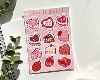 Heart Vintage Cake Vinyl Sticker Sheet, Cute Dessert Stationery for Planners & Bullet Journals, Kawaii Bakery Gifts