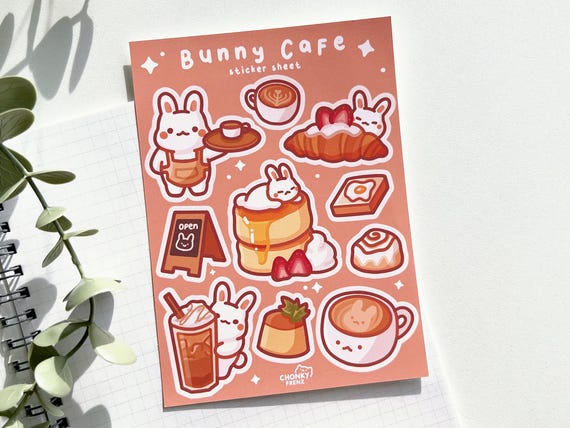 Bunny Cafe Sticker Sheet, Bunny Stickers, Cute Food Stickers, Bakery Stickers, Coffee Shop, Cute Sticker Sheet, Cute Planner Stickers, Vinyl