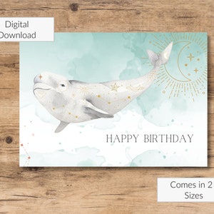 Cartão de aniversário celestial da baleia beluga, cartão de download digital, cartão de aniversário em aquarela, cartão de aniversário para impressão, download instantâneo de aniversário