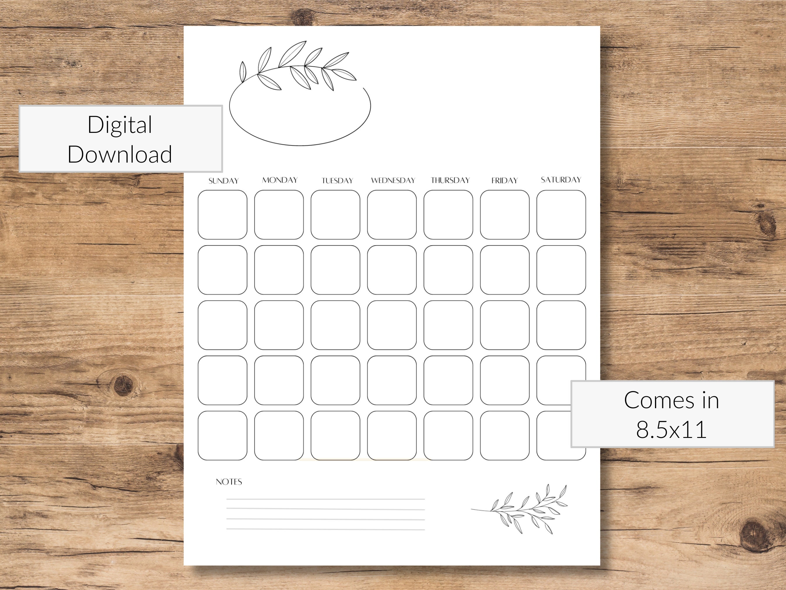 Minimal Monthly Calendar, Blank Digital Download Planner, - Etsy