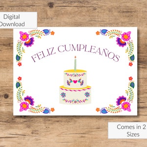 Flower and Cake Birthday Card , Feliz Cumpleanos Greeting Card, Printable Birthday Card,  Birthday digital Download, Embroidery Flowers