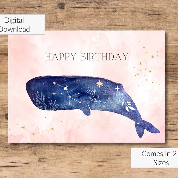 Whale Celestial Birthday Card, Digital Download Card, Watercolor Birthday Card, Birthday Card Printable, Birthday Card Instant Download