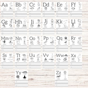May include: Black and white alphabet flash cards with illustrations of various objects. Each card features a letter of the alphabet, a picture, and a word to help children learn the alphabet.