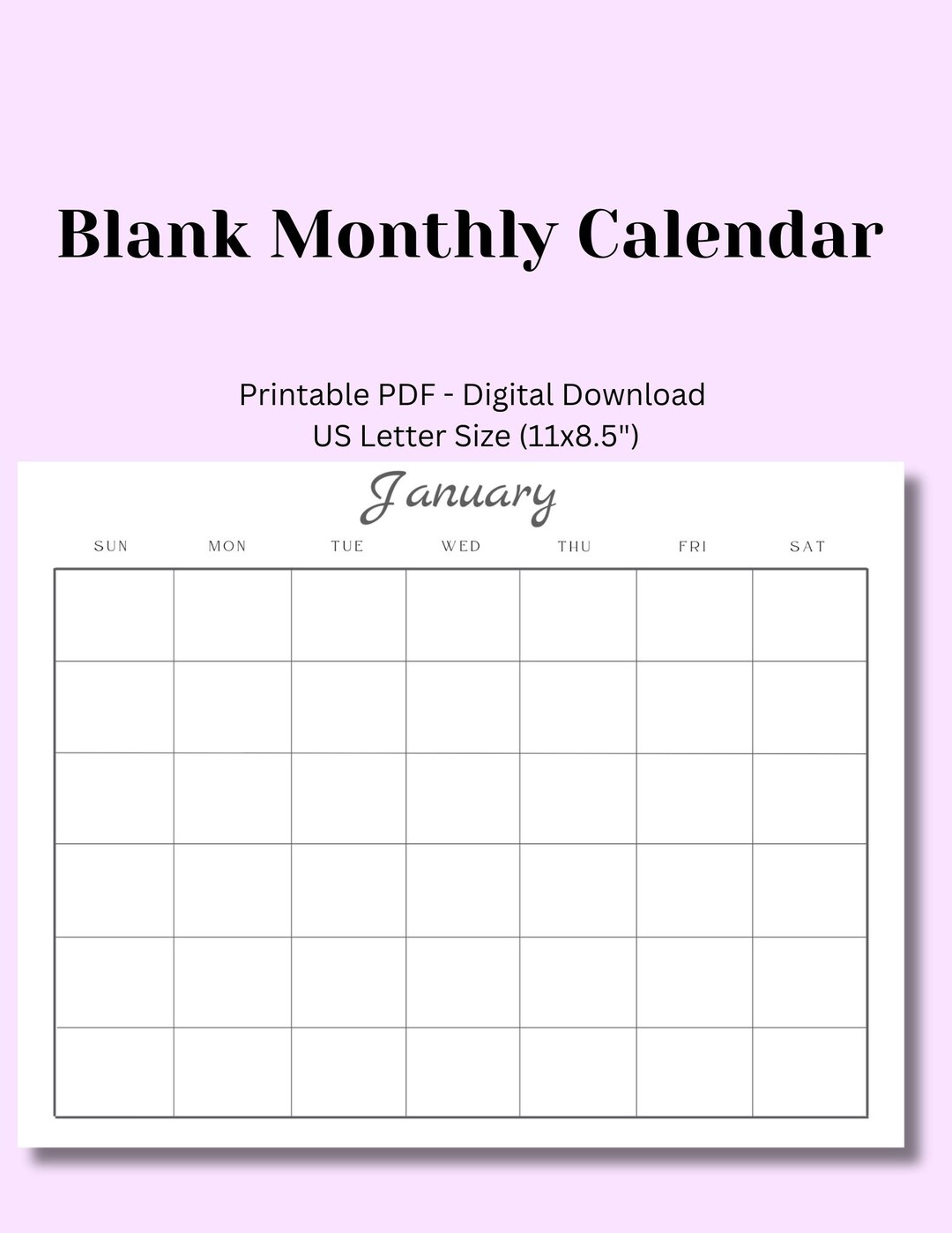 Individual Monthly Calendars - Blank - Fillable - Horizontal Layout ...