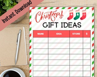 Christmas Gift Ideas List / Instant Download PDF File 8.5x11 / Christmas Present Shopping Organizer / Includes Extra Page