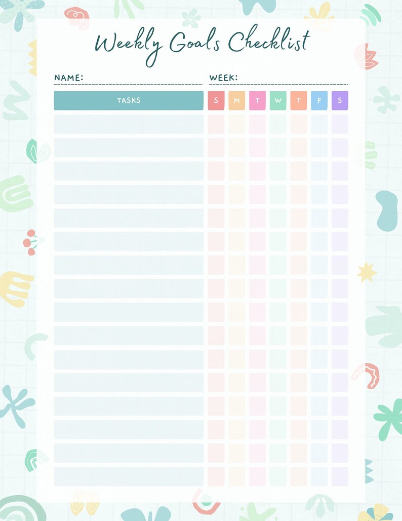 Weekly Goals Checklist Instant Download Etsy