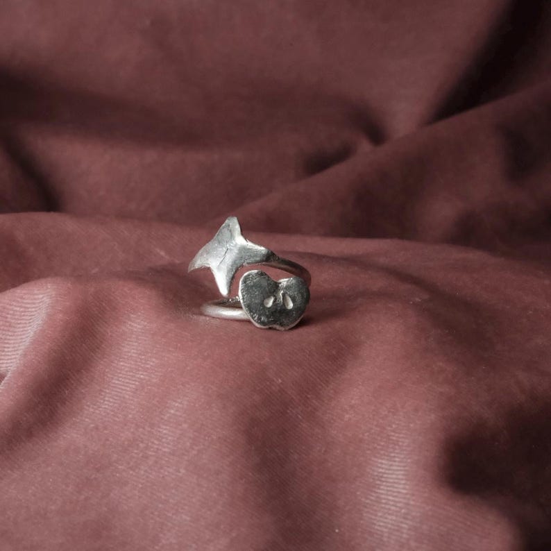 Peut inclure: Bague argent&eacute;e repr&eacute;sentant une tranche de pomme. La bague a une forme originale avec un &eacute;l&eacute;ment en forme d'&eacute;toile. La bague est pr&eacute;sent&eacute;e sur un tissu rose-rouge.