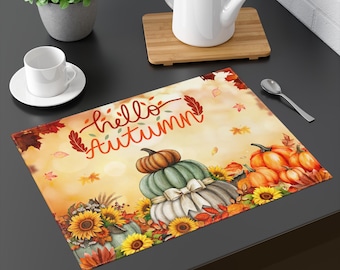 Hello Autumn pumpkins placemat | fall harvest table decor