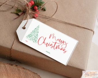Merry Christmas Gift Tags, Holiday Tree Design, Ribbon Set of 16