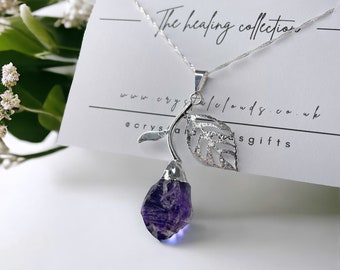 Amethyst Necklace with silver leaf, sterling silver, silver chain, gemstone necklace,ethically sourced, gift message