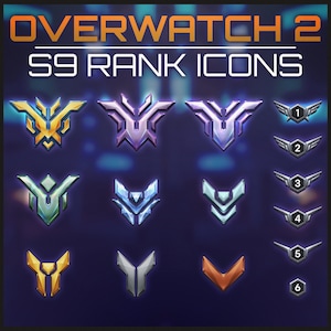 Op de afbeelding: Overwatch 2 Seizoen 9 rangiconen. De iconen zijn gerangschikt in een raster van 3 rijen en 4 kolommen. De bovenste rij toont de iconen voor de top 3 rangen, de middelste rij toont de iconen voor de volgende 3 rangen en de onderste rij toont de iconen voor de laatste 2 rangen. De iconen zijn allemaal in verschillende kleuren en vormen en hebben allemaal een futuristisch ontwerp.