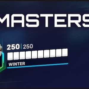 May include: A blue and green video game character portrait with a white background. The character has white hair, green eyes, and is wearing a gold crown and a black and gold outfit. The text "MASTERS" is at the top of the image. The text "250 | 250" is in the middle of the image. The text "WINTER" is at the bottom of the image.