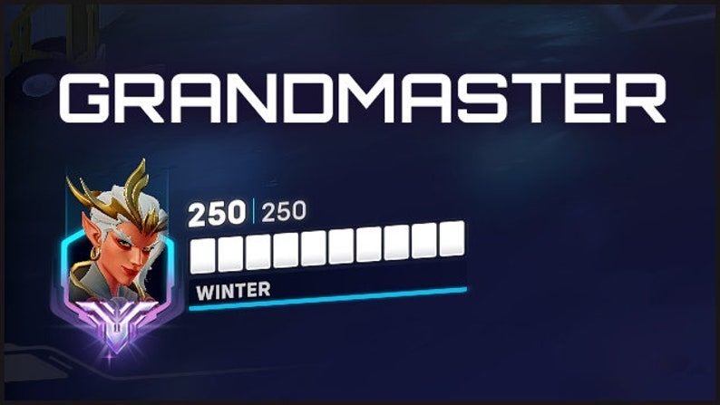May include: A video game character with white hair and gold accents is shown in a profile picture. The character is wearing a dark blue and gold outfit. The text "GRANDMASTER" is at the top of the image. The text "250 | 250" is below the character's image. A progress bar is below the text, and the text "WINTER" is below the progress bar.