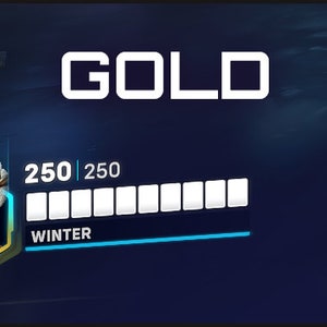 May include: A progress bar shows a player has reached the Gold level in a game. The bar is filled with 250 out of 250 points. The player's avatar is a woman with white hair and a gold crown. The text "WINTER" is below the progress bar.