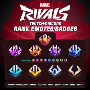 Op de afbeelding: Een set van acht digitale badges voor het spel Marvel Rivals. De badges zijn in verschillende kleuren en hebben een geometrisch ontwerp. De tekst "MARVEL RIVALS" staat bovenaan de afbeelding. De tekst "TWITCH/DISCORD RANK EMOTES/BADGES" staat onder de titel. De tekst "INSTANT DOWNLOAD - 128x128 - 112x112 - 72x72 - 56x56 - 36x36 - 28x28 - 18x18" staat onderaan de afbeelding.