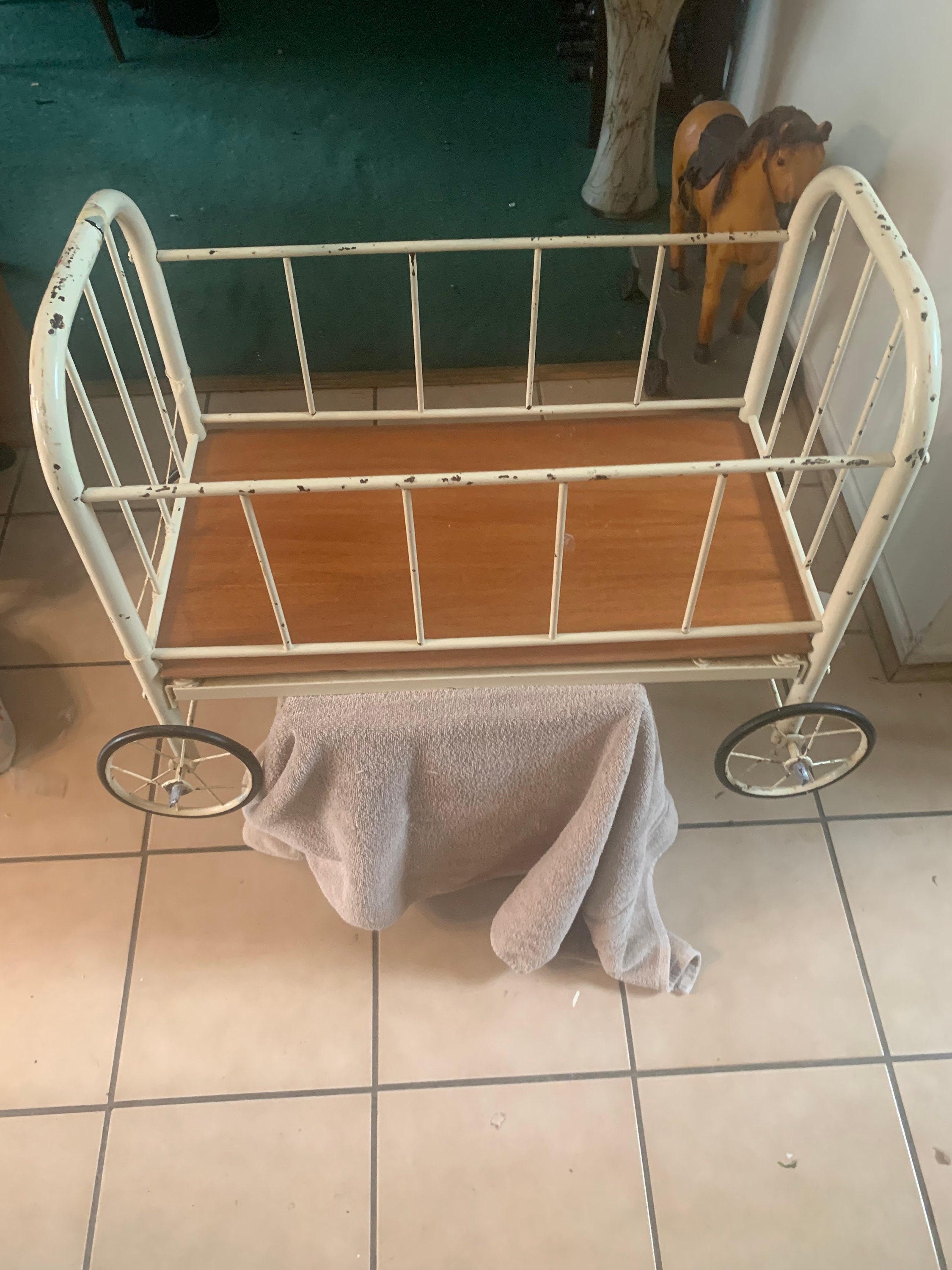 Vintage Metal Doll Crib On Wheels