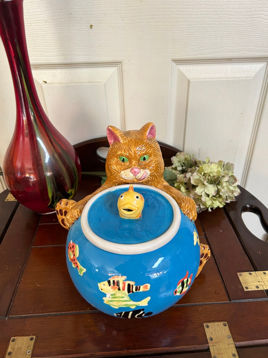 Vintage Cat With Fish Bowl Cookie Jar Etsy