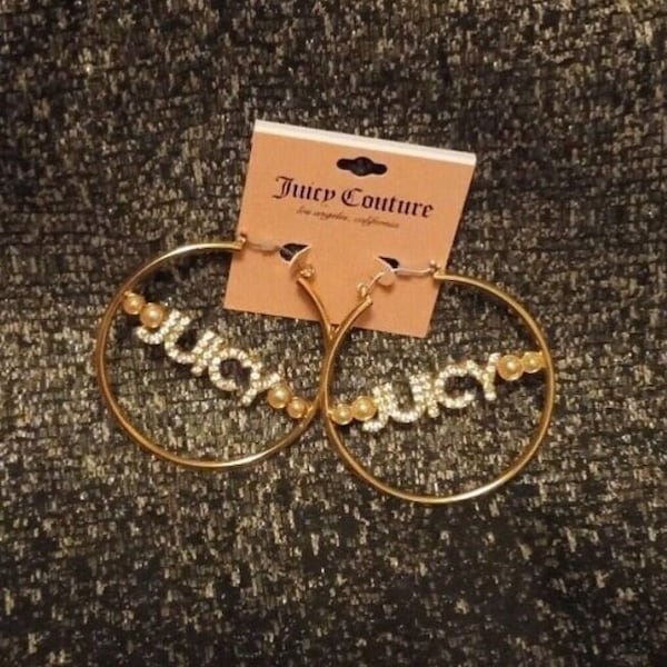 JUICY COUTURE EARRINGS, Medium Gold Tone Hoops, Rhinestones, Pearls, Logo, Retro, Haute, Bling, New!