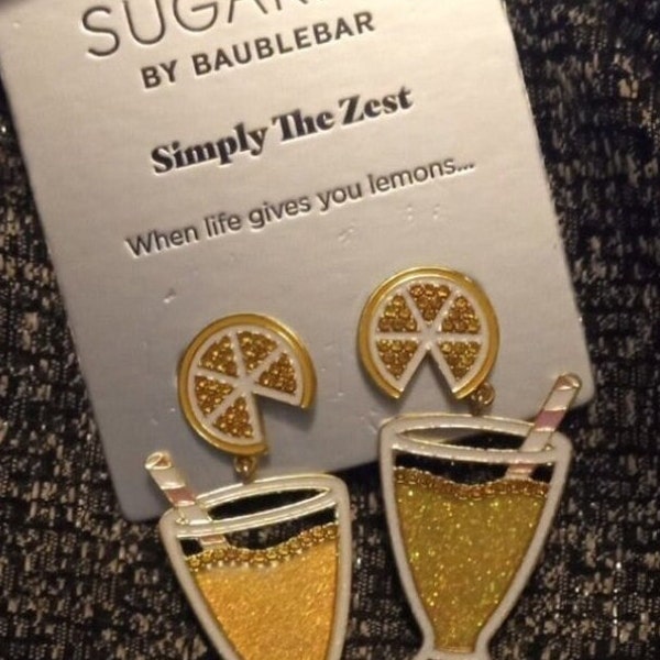 Sugar Fix Baublebar 'Simply the Zest' Glittery Dangle SPARKLY DRINK EARRINGS, Lemons, Straws, Yellow, Gold, Vacay, Party, Summer Vibes,New!