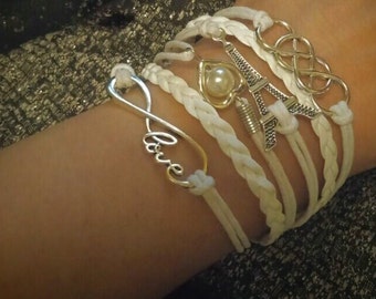 Hermosa PULSERA MULTI CHARM, Cuero sintético, Blanco, Infinito, Amor, Perla, Corazón, Torre Eiffel, París, Trenzado, De moda, ¡Nuevo!