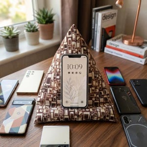Peut inclure: Un support de téléphone à motifs marron et blanc maintient un smartphone affichant l'heure 10h09. Plusieurs smartphones de couleurs et de designs variés sont disposés autour du support sur une surface en bois. Une lampe de bureau en cuivre et des livres sont en arrière-plan.