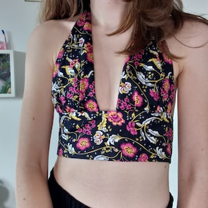 Allure Tie Top XS/S/M/L/XL - halter neck bralette/crop top, black floral, upcycled fabric from a preloved/recycled item, elasticated back