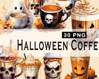 May include: A set of 30 Halloween-themed coffee cup designs. The cups feature various spooky designs, including skulls, pumpkins, and ghosts. The designs are in a watercolor style and are perfect for adding a festive touch to your Halloween coffee.