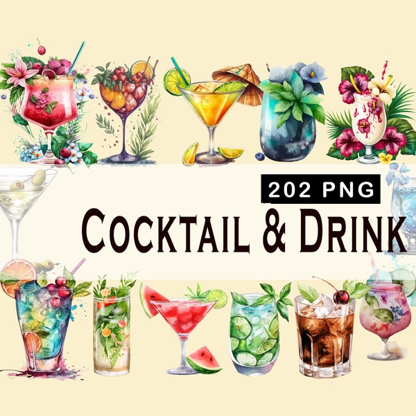 Crafty Cocktails: 202 Cocktail Illustrations for DIY Decoration, cocktail Mega bundle, Alcohol Drinks Clipart, Commercial Use