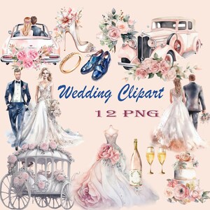 Puede incluir: Un conjunto de 12 imágenes de clipart de boda en acuarela, que incluyen una novia y un novio, un vestido de novia, un carruaje, un ramo, un pastel, una botella de champán y un coche vintage. Las imágenes están en un estilo romántico con flores rosas y blancas.
