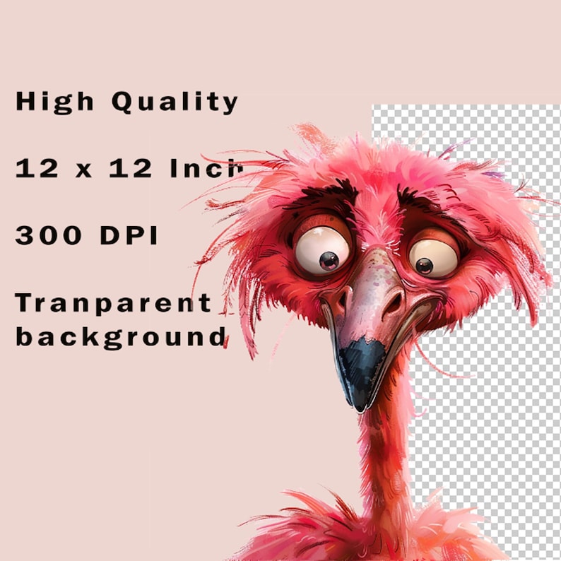May include: A pink flamingo with a surprised expression, with a transparent background.