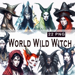 22 Witch Clipart PNG Set, 22 witch clipart, magic commercial use watercolor clip art, PNG