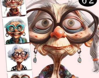 62 Quirky Old Ladies Clipart | Funny Old People | Cheerful Old Lady | Grandma | Grannies | Elderly | Cartoon Grandmother | Whimsical