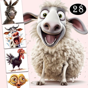 Quirky Farm Animals PNG Clipart Whimsical Vaca Porco Cabra Ovelha Gado animais Sublimação clip art Frango Caprichoso gráficos Silly ilustração