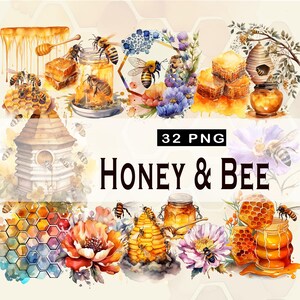 Bijen aquarel clipart, honing illustraties, potten met honing clipart, 32 hoge kwaliteit transparante png, bijenkorf illustraties, bijenwas illustratie