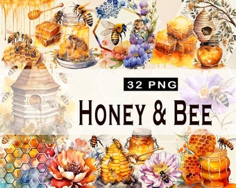 Bees watercolor clipart, honey clip art, jars with honey clipart, 32 high quality transparent png , bee hive clip art,bee wax illustration