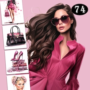 74 cliparts fille chic fashionista, illustrations roses aquarelles, agenda et papeterie, graphiques de mode, ensemble de clipart fille fashion