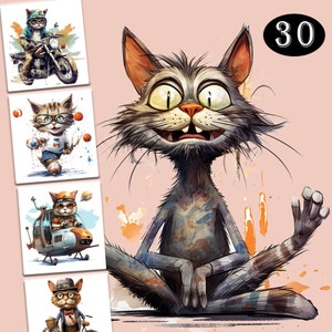 May include: A set of four illustrations featuring a cartoon cat in different scenarios. The cat is wearing glasses and is depicted as a biker, a juggler, a pilot, and a gentleman with a monocle. The illustrations are in a whimsical style with watercolour-like effects.