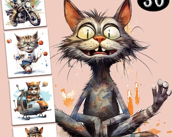 May include: A set of four illustrations featuring a cartoon cat in different scenarios. The cat is wearing glasses and is depicted as a biker, a juggler, a pilot, and a gentleman with a monocle. The illustrations are in a whimsical style with watercolor-like effects.