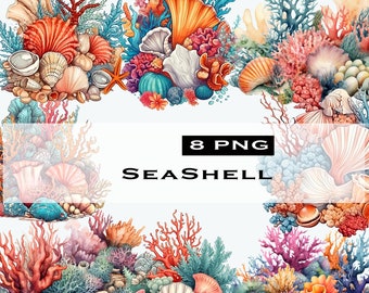 10 imágenes prediseñadas de conchas de acuarela, imágenes prediseñadas de playa, paquete de imágenes prediseñadas náuticas, imágenes prediseñadas del océano, imágenes prediseñadas del mar, álbum de recortes, imágenes PNG de conchas, creación de tarjetas