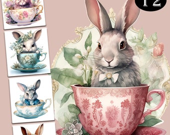 Lapins dans des tasses de thé Clipart vintage. Lapins à l'aquarelle. Charme botanique de l'Ancien Monde.  Lapin de Pâques PNG transparents à usage commercial